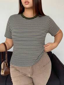 Dazy Petite Plus Áo thun ngắn tay kẻ sọc phối màu tương phản, màu nâu, thích hợp cho mùa xuân/hè. - xanh quân đội - Xem 5