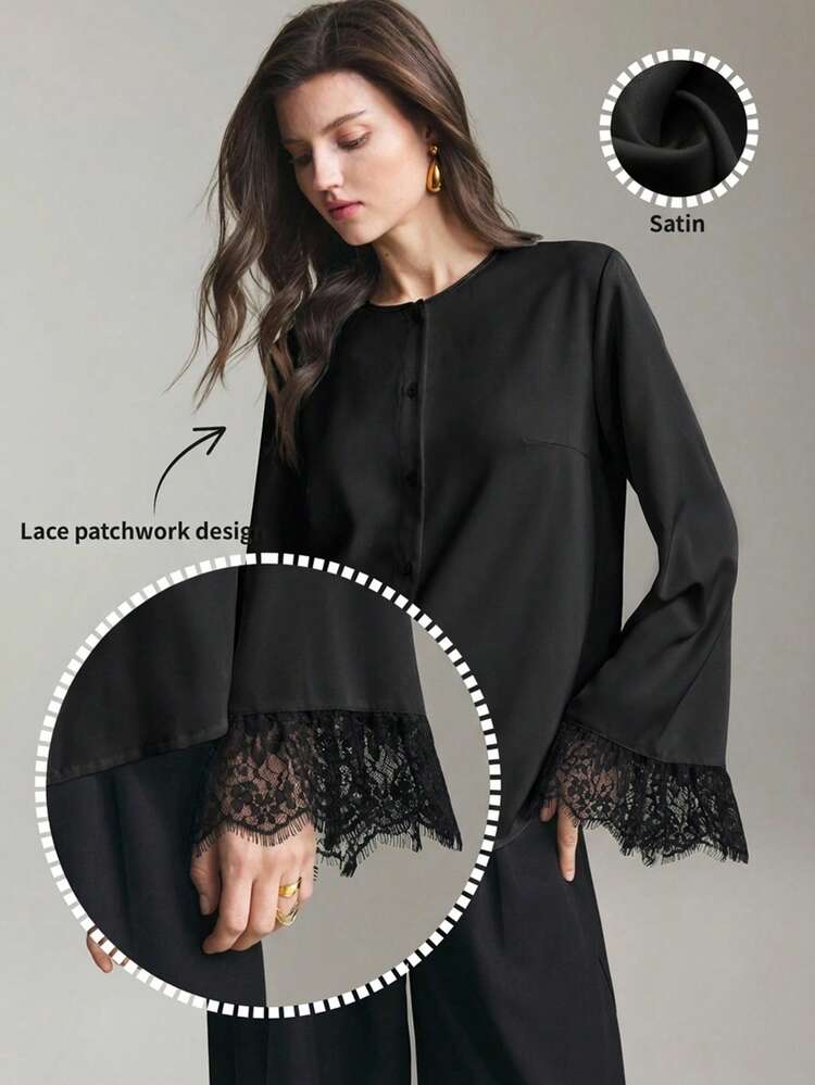 Soft, Skin-Friendly Matte Cracked Fabric Fitted Silhouette Dropped Shoulder Long Sleeve Front Partial Placket Lace Trim Accent Decor Modern Elegant Wedding Guest Outfit, Minimalist Romantic French Luxe Urban Chic Business Casual Office Wear, Low-Key Old Money Vibe High-End City Commute High-Quality Airport Outfit, Cruise Ship Essential, Middle East Must-Have Versatile All-Season Wedding Series Women Top Bohemian Style Vacation Outfits Seaside Women's Clothing, Country Music Concert Style, Black