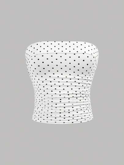 SHEIN 少女波点褶皱腰部针织露脐上衣，时尚休闲装，适合春夏穿着，休闲时尚，日常穿着，度假皆宜。