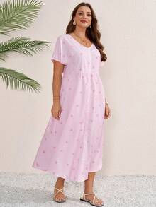 Vestido a cuadros de manga corta y cuello en V para mujer de talla, para vacaciones de verano - Rosa 2 - Ver 5