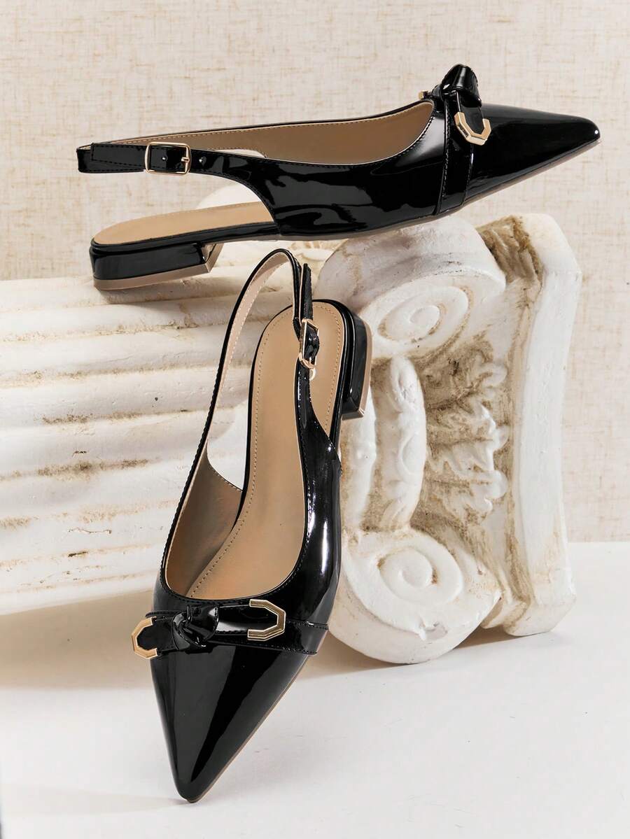 SHUZIA #ElegantChic Women's Low Block Heel Point Toe Geometric-Buckle Bow Decor Cushioned Insole Patent Black Slingback Pumps– Chic, Feminine & Comfortable - Black - View 1