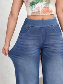 SHEIN FlexDen Quần jean ống rộng cạp chun co giãn dành cho nữ, kiểu dáng thể thao năng động. - Rửa tối - Xem 4