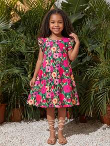 Emery Rose Kids 女童雪纺碎花圆领荷叶边下摆休闲连衣裙 - 米色 - 查看 4