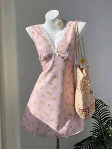Comfortcana 2026 Nuevo Vestido Corto Floral de Mujer con Cuello en V sin Mangas, Encaje y Lazo para Primavera/Verano, Adecuado para Uso en Verano, También se Puede Usar como Atuendo de Primavera, Vestido para Fiesta de San Valentín, Vestido de Playa, Vestido de Invitada de Boda, Vestido Elegante, Vestido de Vacaciones, Vestido Casual y Vestido Floral con Estilo de los 2000. - Multicolor - Ver 5