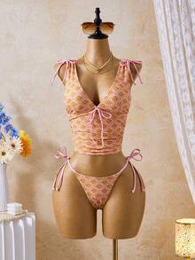 Bellisia Bộ bikini 2 mảnh dành cho nữ mùa xuân/hè, họa tiết retro mới, cổ chữ V sâu, dây rút, lưng nhún, gồm áo hai dây và bikini tam giác. Bộ đồ bơi 2 mảnh, đồ bơi liền thân cho nữ, đồ bơi yoga, đồ bơi Zestiva, đồ bơi định hình dáng người, trang phục đi nghỉ mát, bộ bikini nữ. - Nhiều màu - Xem 5