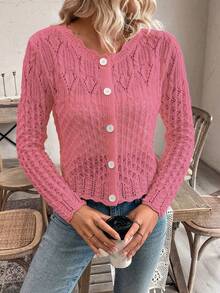 EMERY ROSE Women's Round Neck Hollow Front Button Cardigan, Autumn/Winter Knitted Sweater Jacket - Pink - View 3