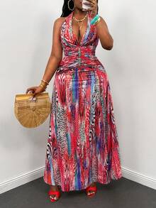 Glyssa Women's Sexy Printed Deep V-Neck Backless Slit Halter Tie Waist Dress - Multicolor - View 1