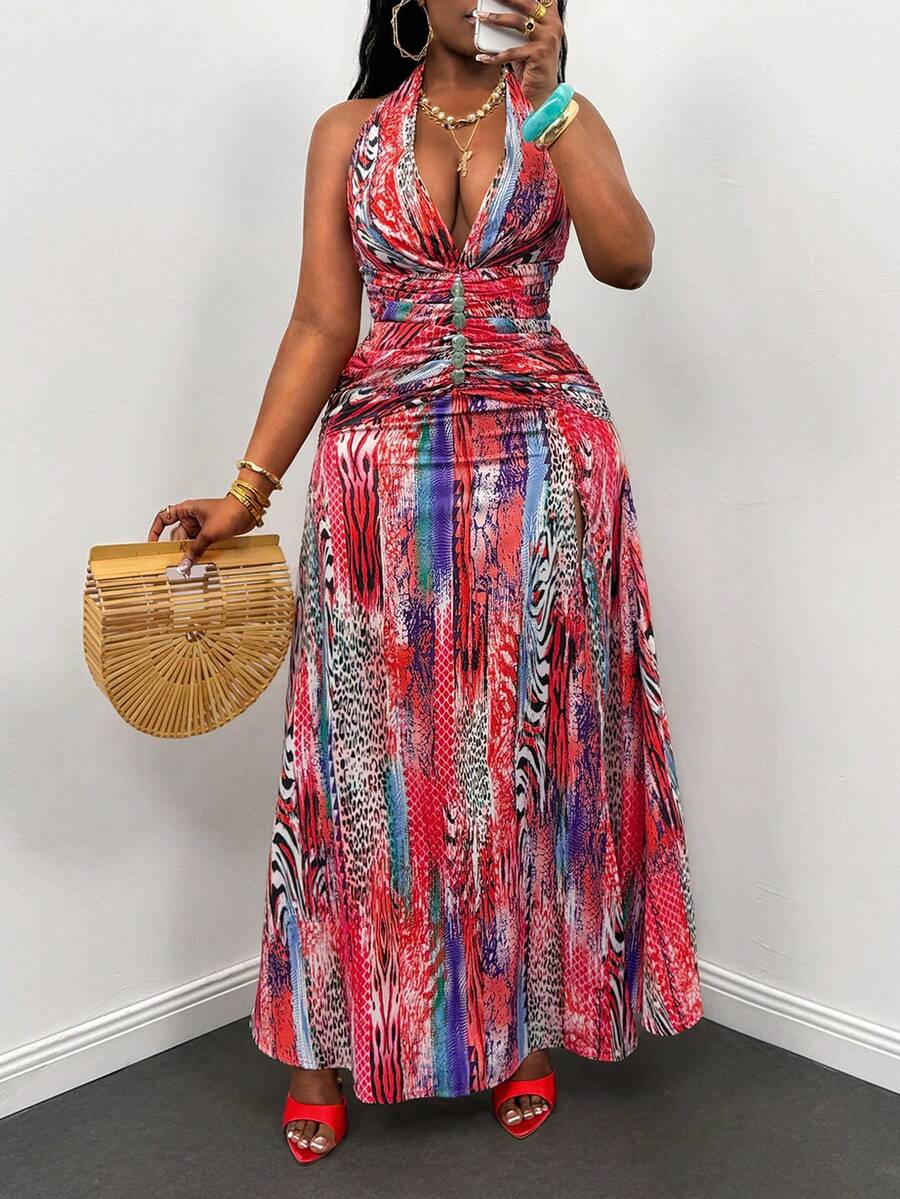 Glyssa Women's Sexy Printed Deep V-Neck Backless Slit Halter Tie Waist Dress - Multicolor - View 1