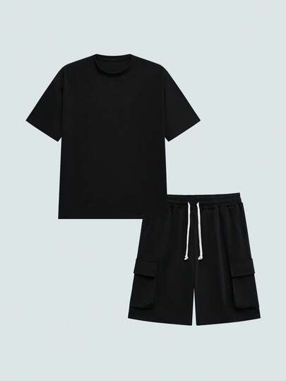 Modcrash 男士轻便黑色休闲套装（2件套），宽松T恤+工装短裤，舒适运动服，适合海滩、度假、旅行