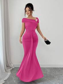 Modelyn Asymmetric Metal Buckle Decor Pleated Fitted Elegant Dress For Women - Hot Pink - View 8