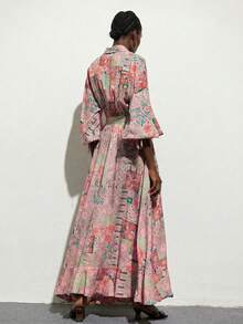 Aveloria Modichic Oil Painting Style Blue & Orange Print Wrap Front Tie Waist Dress, French Romantic Artistic Vibe, Suitable For Art Museum Weekend Dates - Multicolor - View 2