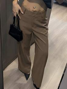 Dazy Tall 女款加長版都市休閒通勤純色斜口袋直筒西裝褲，適合高個女性 - 咖啡棕 - 查看 1