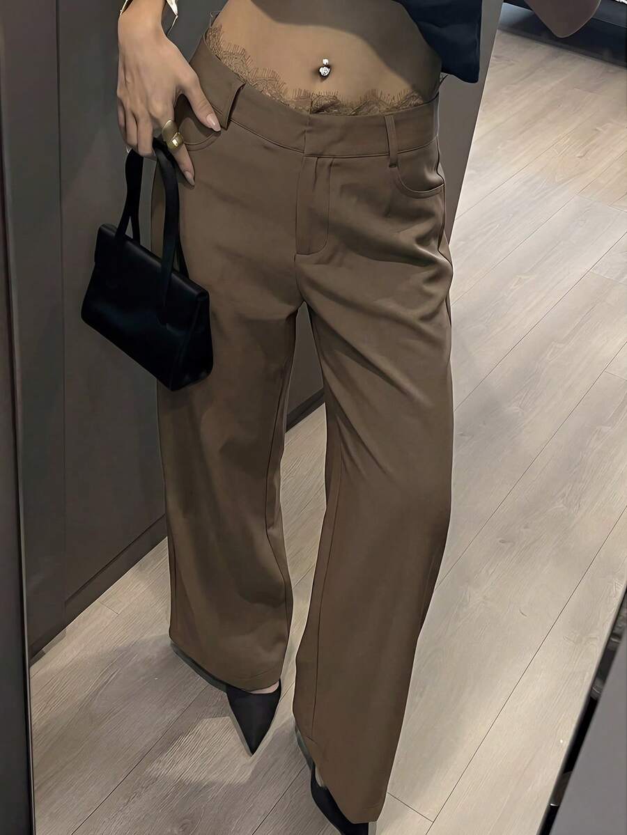 Dazy Tall 女款加長版都市休閒通勤純色斜口袋直筒西裝褲,適合高個女性 - 咖啡棕 - 查看 1