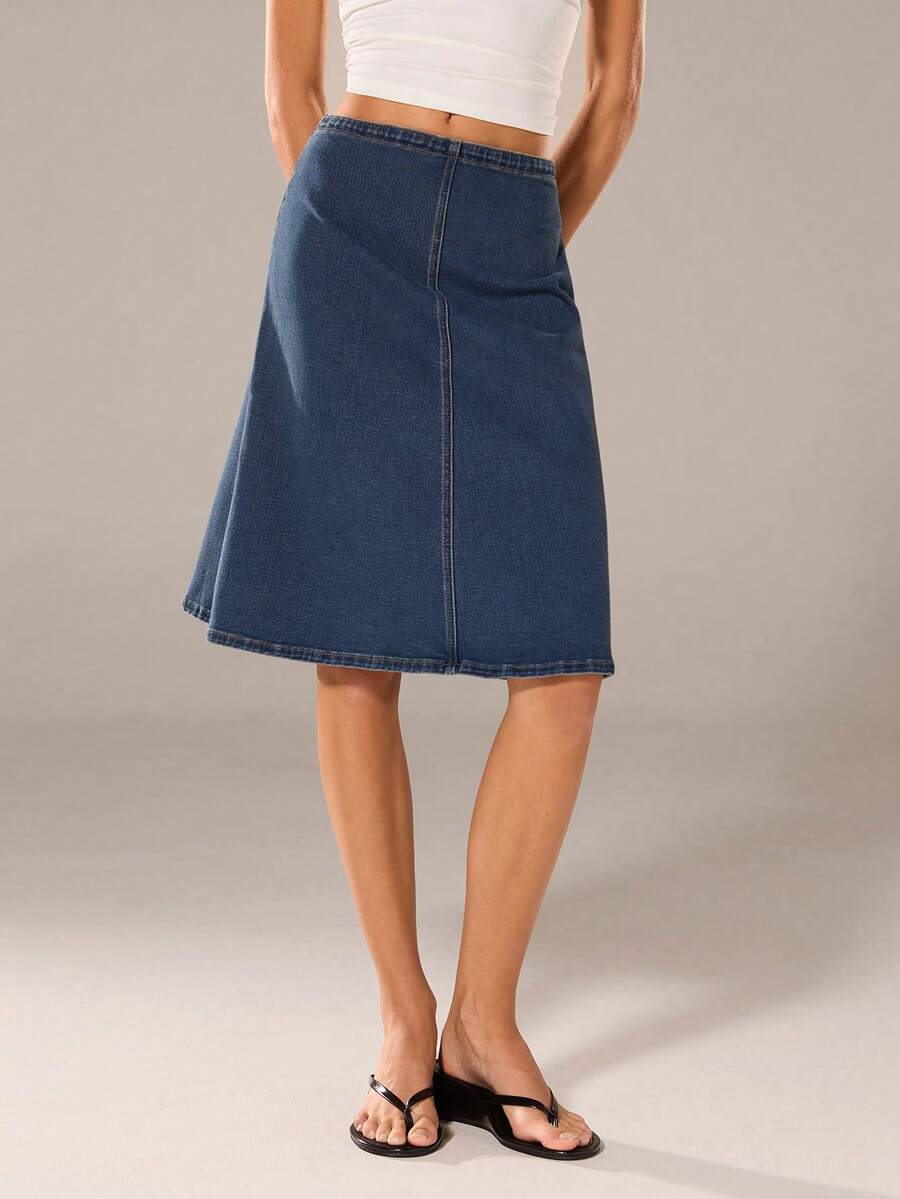 Avantive Chân váy denim dáng chữ A dài đến đầu gối, đa năng, khóa kéo bên hông, dành cho nữ, thích hợp mặc hàng ngày đi làm. - Rửa trung bình - Xem 1