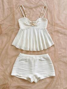 Soleia 女士纯色吊带荷叶边两件套，时尚夏季 - 白色 - 查看 3