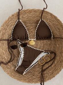 Swim Chiccia Bộ bikini hai mảnh cổ yếm mùa hè dành cho nữ, thích hợp cho kỳ nghỉ biển. - màu nâu - Xem 6