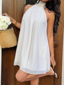 SHEIN SunnyBelle Women's Chiffon Polka Dot Halter Backless Loose A-Line Mini Dress - Black and White - View 4