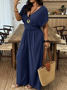 SHEIN PETITE CURVE Plus Size Women's Solid Color Batwing Sleeve Straight Jumpsuit, Suitable For Casual, Holiday Wear - Navy Blue - View 1