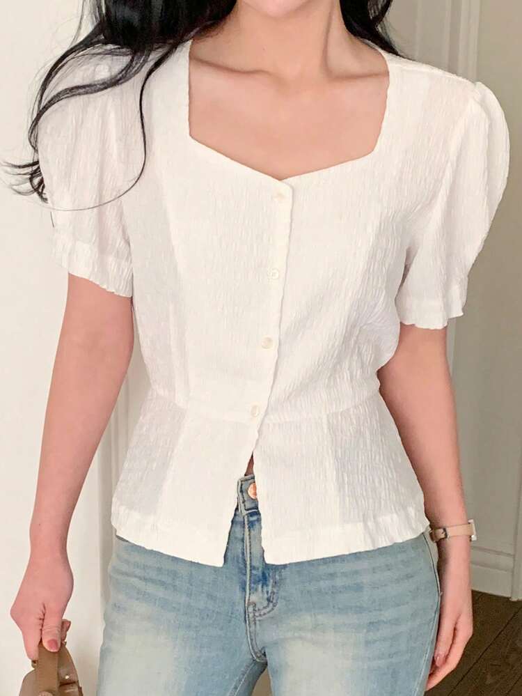 Women's Solid Color Sweetheart Neck Front Button Elegant Short Sleeve Blouse Summer