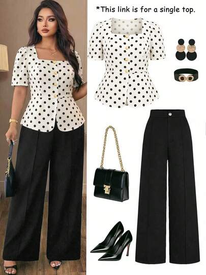 Auvina Áo kiểu dáng rộng rãi, cổ vuông, chấm bi retro, thích hợp mặc đi làm, dự tiệc, gặp gỡ bạn bè, dạo phố.