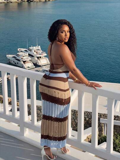 Veslaya Vestido maxi de punto de ganchillo con parte delantera abierta, decoración de hebilla metálica, ajuste ceñido, sin mangas, con lazo delantero, para primavera/verano, playa, fiesta, festival de música, actividad al aire libre, vacaciones, estilo bohemio, boda, talla grande, verano, playa soleada