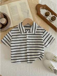 LMoss Kids 男婴白色薯条条纹短袖衬衫，夏季 - 黑與白 - 查看 1