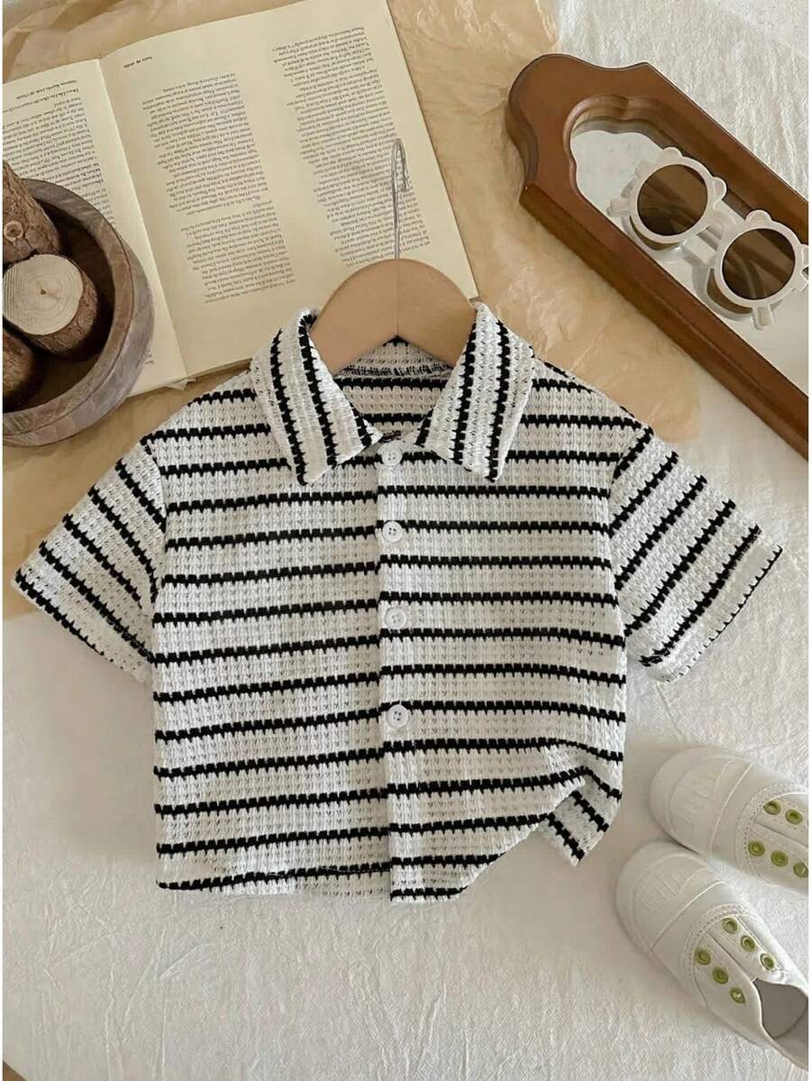 LMoss Kids 男婴白色薯条条纹短袖衬衫，夏季 - 黑與白 - 查看 1