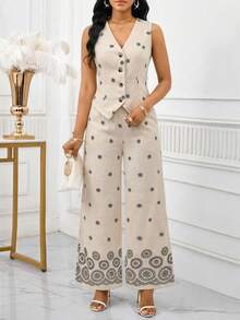 SHEIN Lady Bộ đồ công sở thanh lịch dành cho nữ, áo và quần ống rộng thêu hoa, thích hợp cho mùa hè. - Màu xanh nhạt - Xem 5