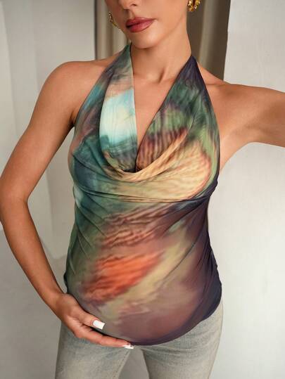 MaterniChic Maternity Clothes Maternity  Tops Summer Pregnant Clothes Multi-Color Printed Vest, High Elasticity, Suitable For Commuting Pregnant Women's Tie-Dye Print Draped Neck Fashionable Camisole