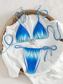 Swim Vcay 2pcs/Set New Gradient Print Halter Neck Braided Sexy Elegant Vacation Bikini Set, Suitable For Beach, Pool Party - Blue and White - View 10