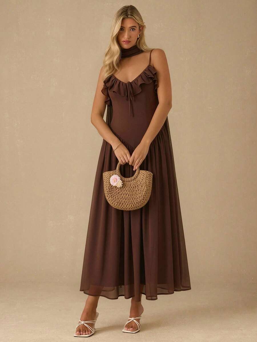 Enchnt 女士纯色简约休闲吊带裙 - 棕色 - 查看 1