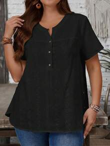 EMERY ROSE Plus Size Women Casual Solid Color Short Sleeve Shirt - Black - View 6