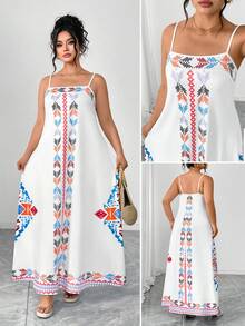 Elenzga Vestido largo elegante con estampado y tirantes cruzados para mujer de talla grande - Multicolor - Ver 3