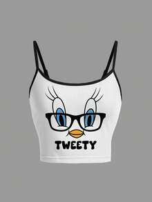 LOONEY TUNES X SHEIN 女士卡通印花吊带背心 - 白色 - 查看 4