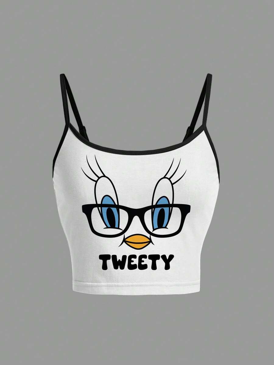 LOONEY TUNES X SHEIN 女士卡通印花吊带背心 - 白色 - 查看 1