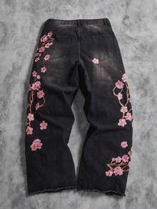 Manfinity ZONE917 男士街头时尚梅花刺绣水洗阔腿牛仔裤，垃圾摇滚 - 黑色 - 查看 2