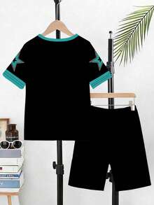 Bộ 2 món đồ chơi thường ngày cho bé trai, gồm áo thun và quần short kẻ sọc phối màu, họa tiết số 67 sáng tạo, thoải mái mặc hàng ngày vào mùa xuân và mùa hè. - Nhiều màu - Xem 2