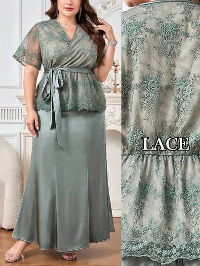 Reflora Plus Size Women's 2-Piece Set, Elegant Green Embroidered Blouse And Satin Skirt, Waist Cinching, Graceful Design, Spring/Summer Luxury Evening Dresses For Women Carnival Costume Carnival Women Look 2026 Women Carnival Costume Carnival Outfit Carnival Costume For Women Women's Carnival Costume Summer Outfits For Women Summer Clothes Summer Vacation Outfits Summer Outfits For Woman Summer Clothes Women Set 2 Piece Set Women Two Piece Women Sets Outfit Sets Women Matching Sets Women Matching Sets Suits For Woman Set Sets For Women Comfy Sets Women Co Ords Sets Women Women's Summer Set  Summer Outfits Summer Clothes Summer Holiday Outfits Shirts Suitable For Various Occasions, Such As: Commuting To Work, Casual Wear At Home, Going For A Walk, Visiting Neighbors And Friends, And Shopping.