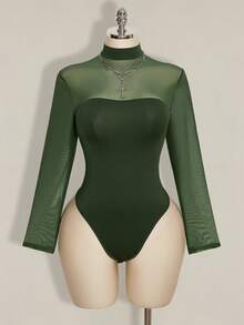 SHEIN ICON Plus Size Y2K Sexy Mesh Patchwork Bodysuit - Green - View 3