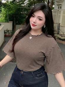 Dazy Plus Plus Size Striped 3/4 Flare Sleeve Brown T-Shirt, Plus Size, Spring/Summer - Brown - View 2