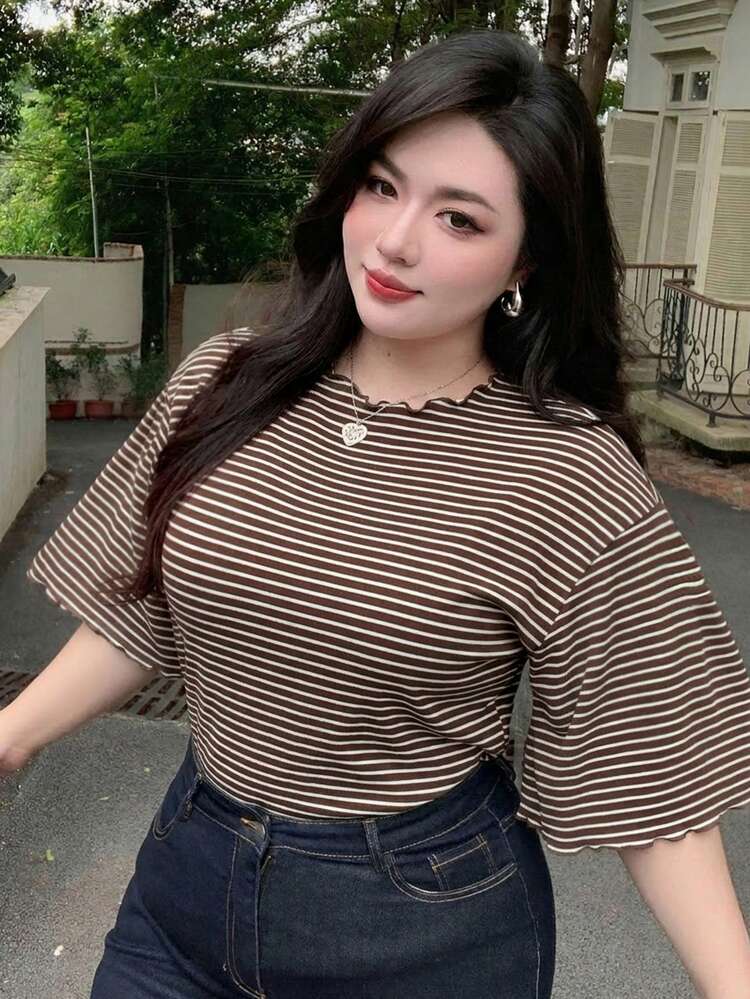 Dazy Plus Plus Size Striped 3/4 Flare Sleeve Brown T-Shirt, Plus Size, Spring/Summer