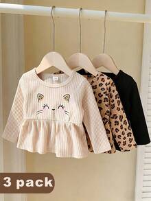 SHEIN paquete de 3 blusas de manga larga con cuello redondo, bajo con volantes, bordado de gato, estampado leopardo y unicolor, de tela cómoda de punto acanalado, para niñas bebé, adecuado para primavera y otoño, uso diario y exterior - Multicolor - Ver 4