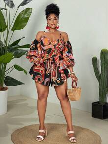 Maweii Mono elegante de talla grande con estampado digital, hombros descubiertos y espalda descubierta - Negro - Ver 6