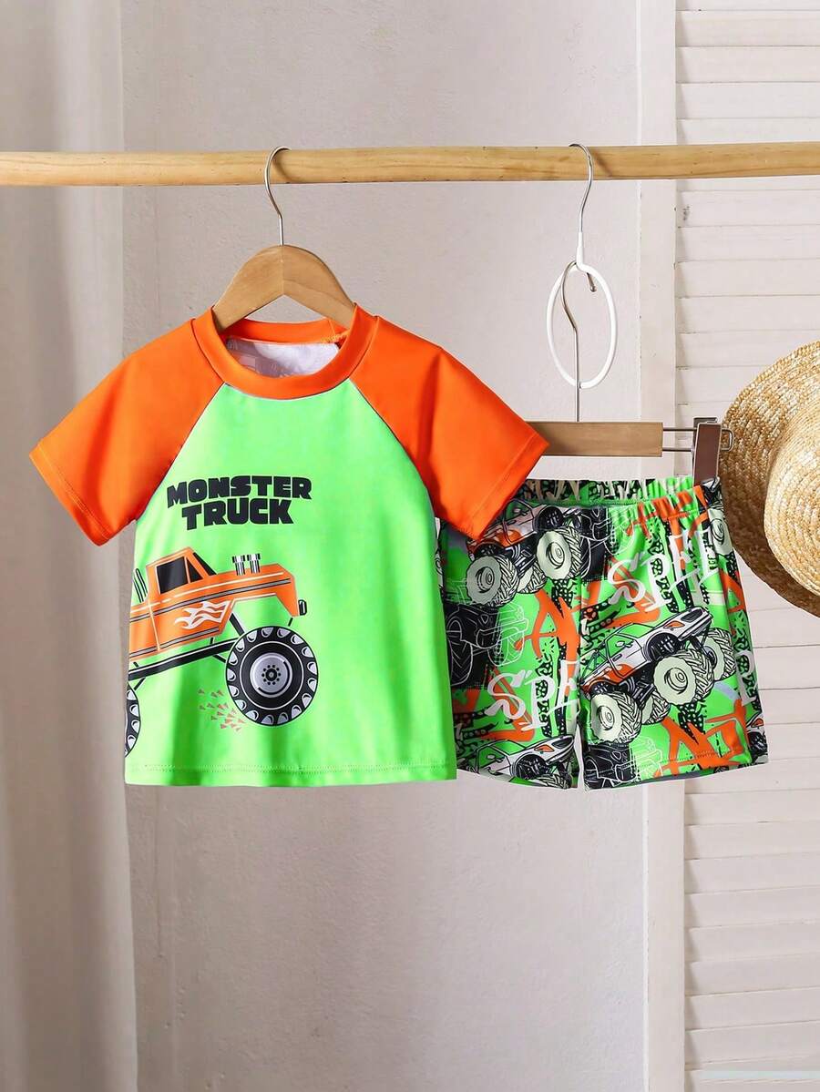 Young Boys Monster Truck Print Swimsuit Set,Cartoon Car Quick-Drying Swimwear,Raglan Sleeve Top & All-Over Print Shorts,Children's Summer Beach Outfit - Multicolor - View 1