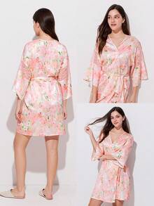 LUVLETTE Women's Summer Airy Floral Satin Robe - Lightweight Tie-Waist Sleep Dress Airy Summer Nightwear Pyjama - Pink - View 2