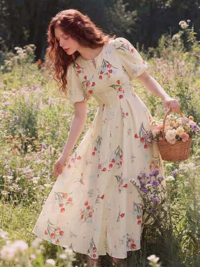 Mulvari Women's Floral Printed Puff Short Sleeve Dress Maxi Women Outfit Elegant Floral Dress Women Summer Elegant Dress French Style Dress Cottagecore Dress