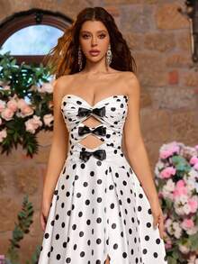 Glamrae 优雅奢华数码波点露肩无肩带镂空蝴蝶结装饰设计修身高开衩长裙，适合节日、婚礼、晚宴、音乐会、商务活动、网红活动等场合。 - 彩色 - 查看 3