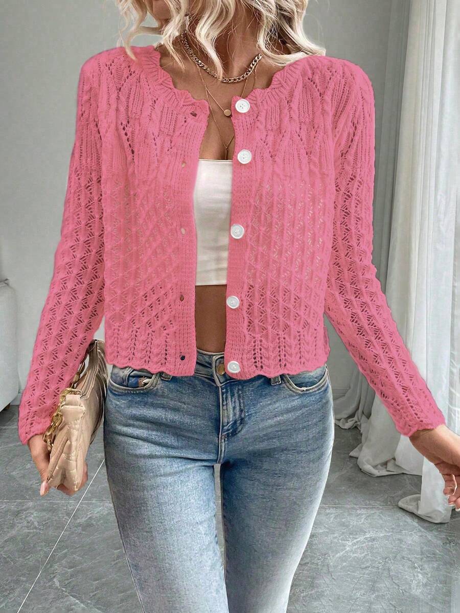EMERY ROSE Women's Round Neck Hollow Front Button Cardigan, Autumn/Winter Knitted Sweater Jacket - Pink - View 1
