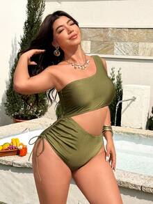 Swim Vcay 2026 New Spring/Summer Solid Color Dopamine Green One-Piece Ruched Slimming Beach Party Swimsuit For Women - Green - View 3