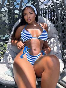 Alexandranx Women's Vacation Beachside Striped Swimsuit Set For Summer - Blue and White - View 6